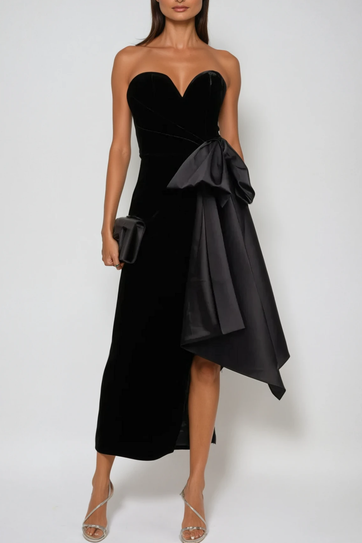 Black Asymmetric Bow Maxi Dress - Elegant Strapless Design