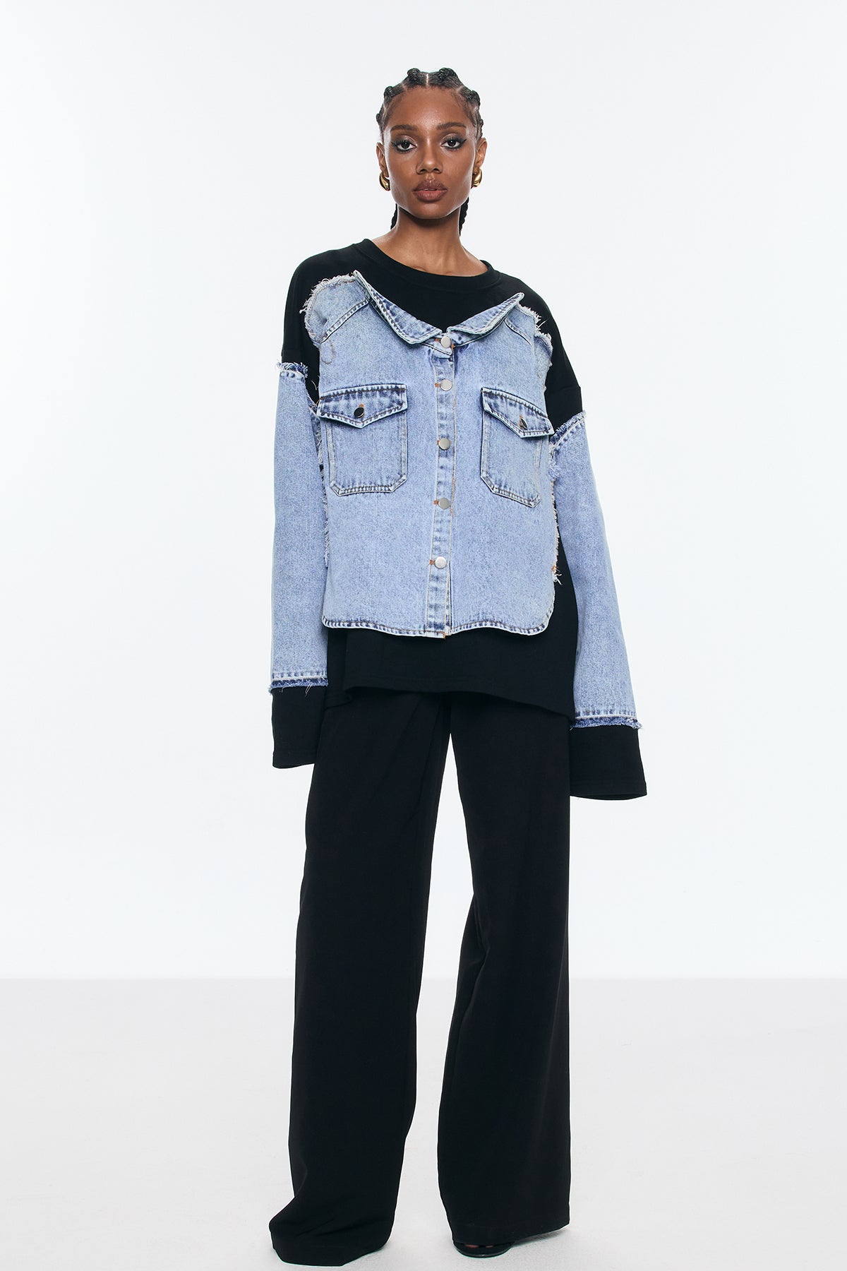 Stylish Deconstructed Denim Top in Black | Benitez Design