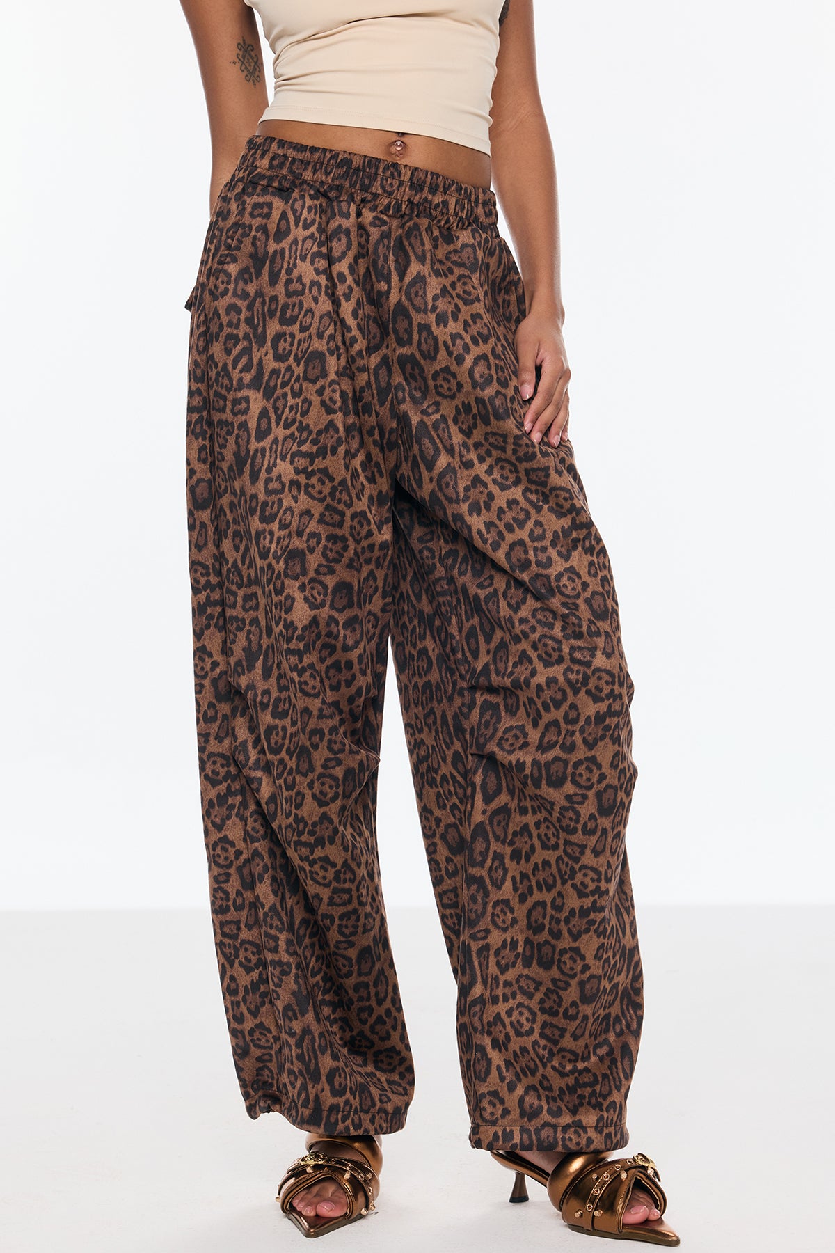 Leopard Print Wide Leg Pants Brown Suede High-Quality