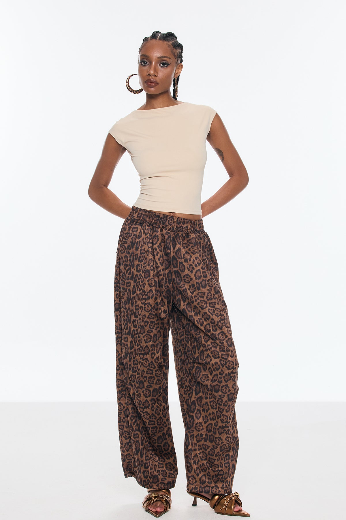 Leopard Print Wide Leg Pants Brown Suede High-Quality