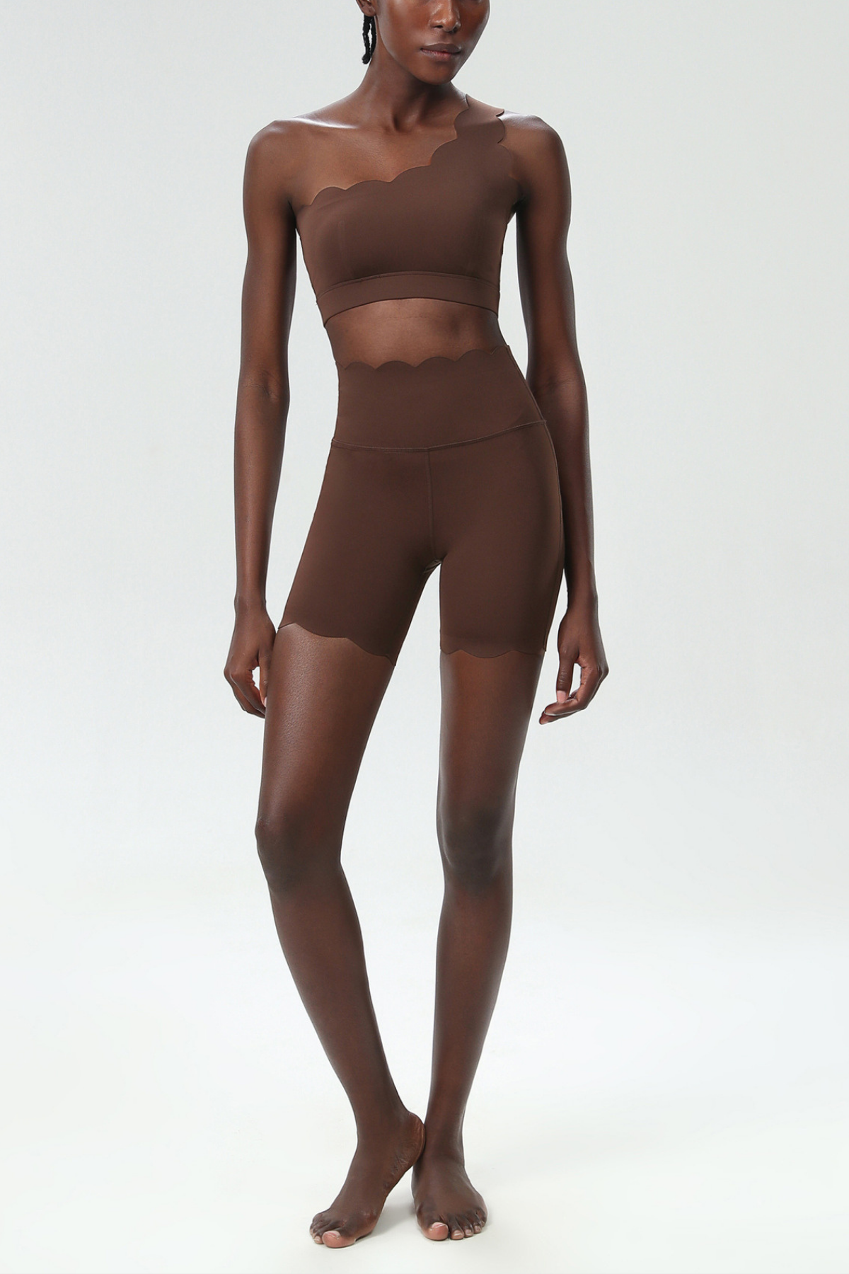 Brown Wave Bodycon Pants Set with Single Shoulder Design