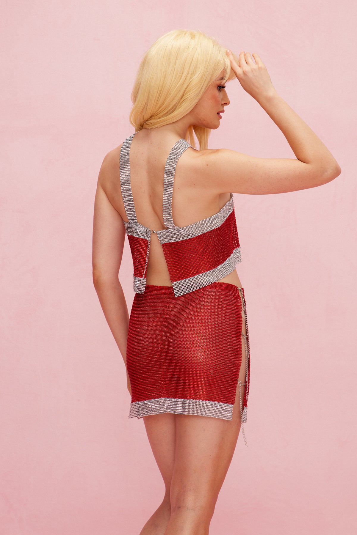 Red Rhinestone Cutout Set - Elegant Skirt Ensemble