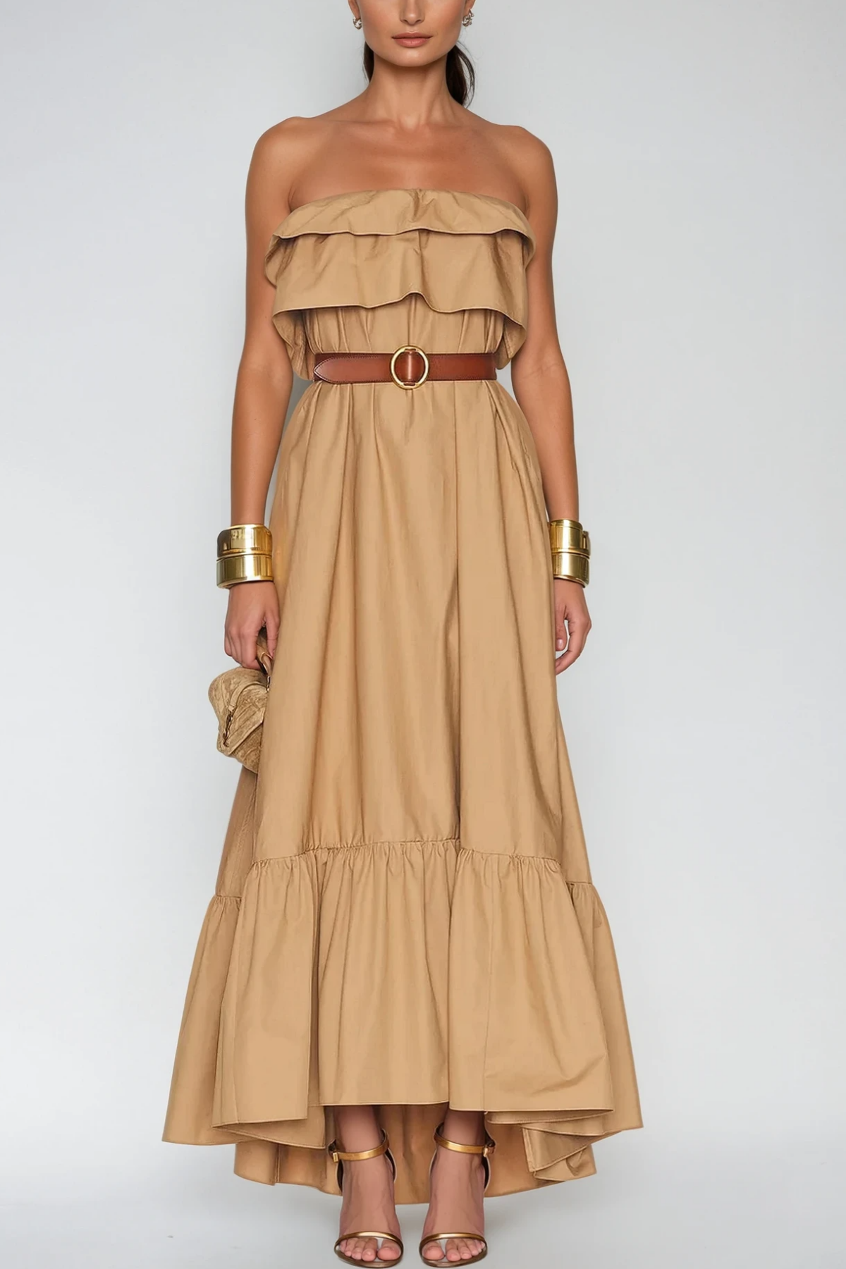 Khaki Ruch Strapless Maxi Dress
