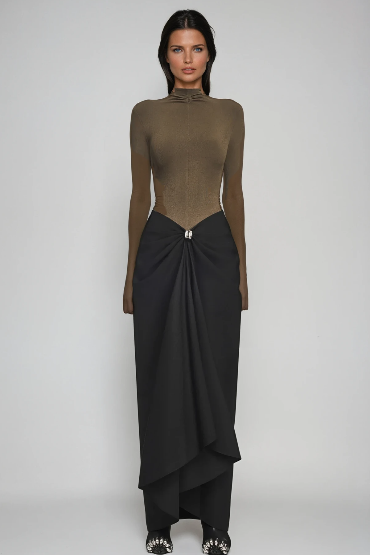 Brown Bodycon Ruch Maxi Dress - Sleek Modern Design