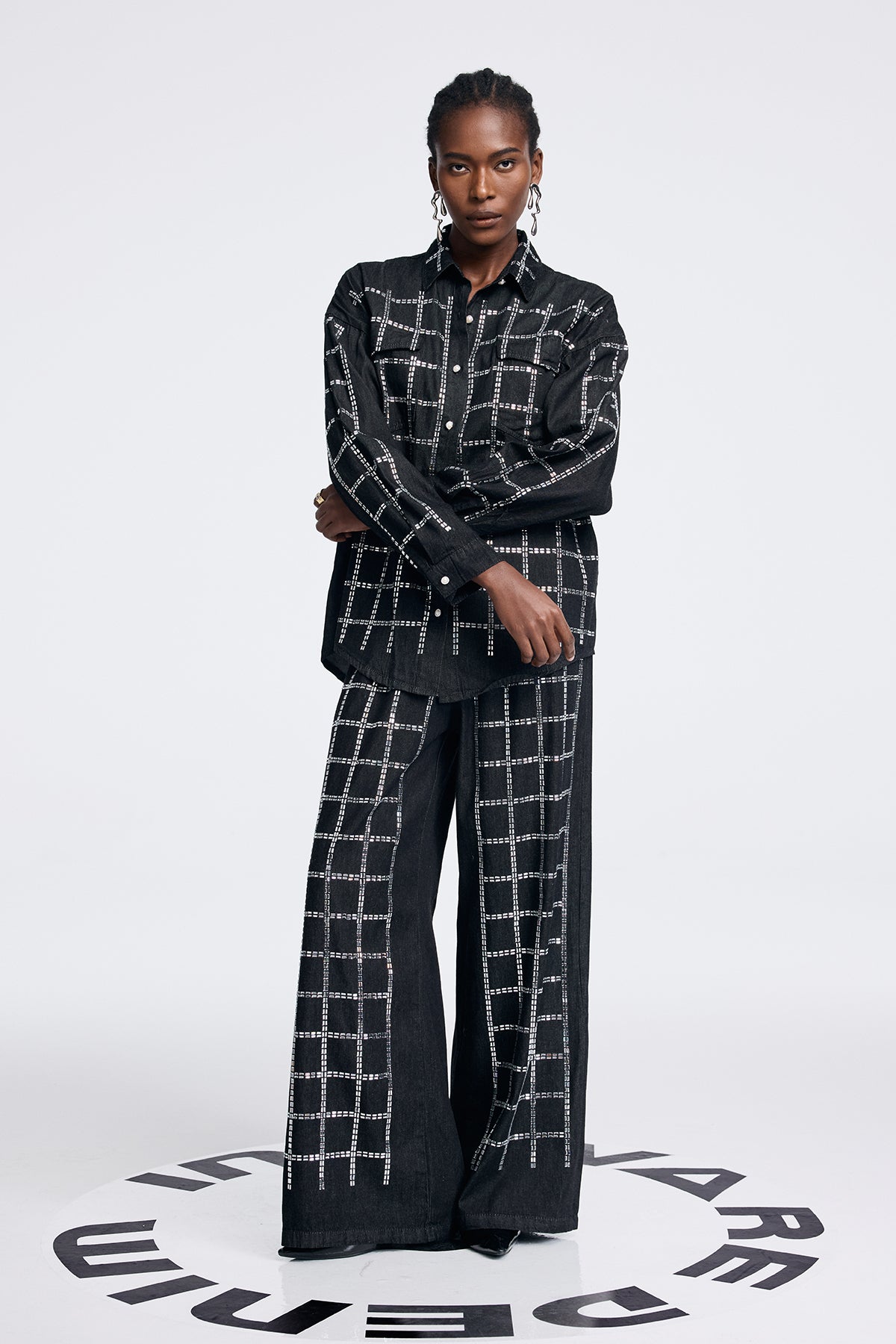 Black Rhinestone Grid Denim Shirt and Pants Set