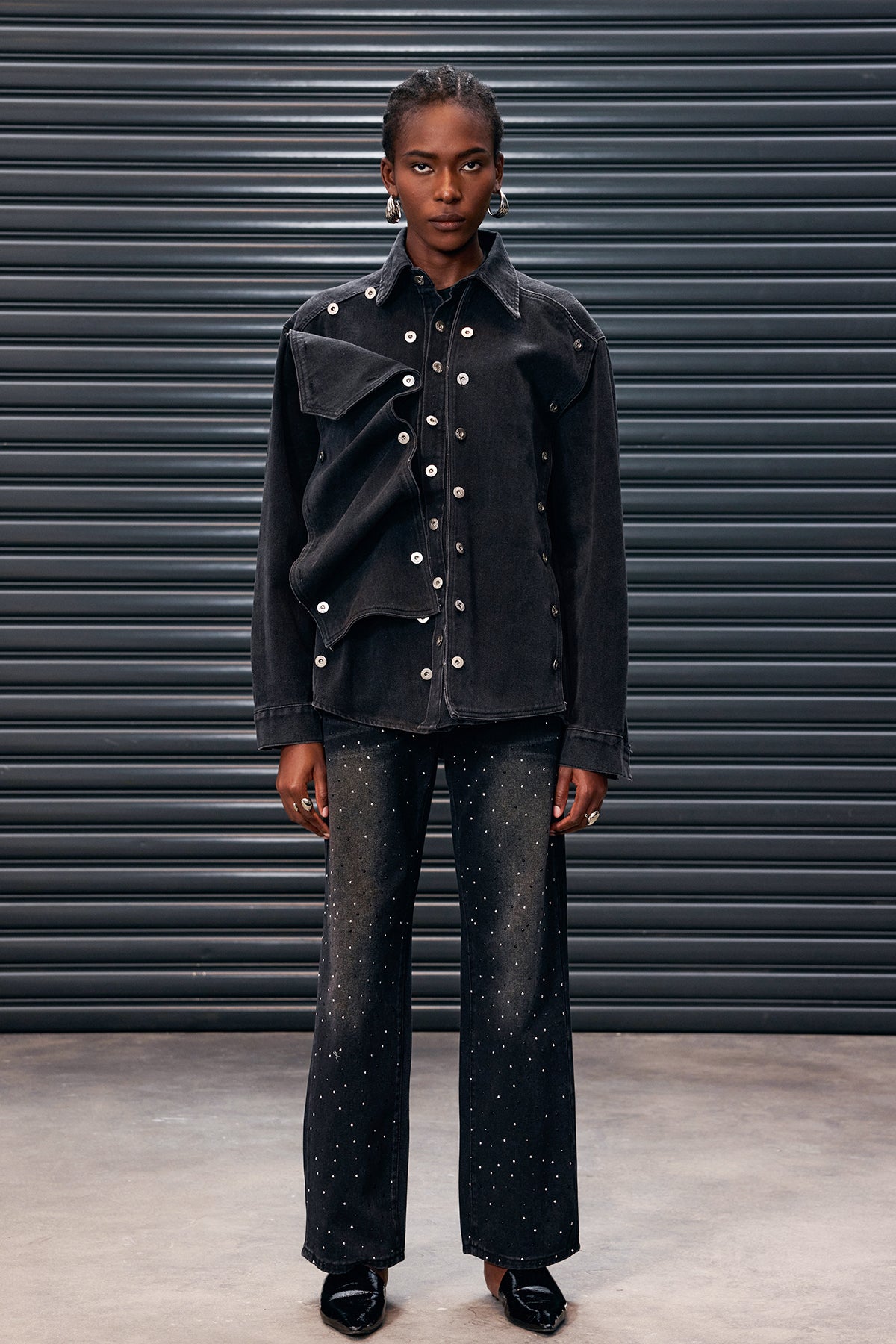 Black Denim Deconstruct Button Jacket for Urban Style (jacket)