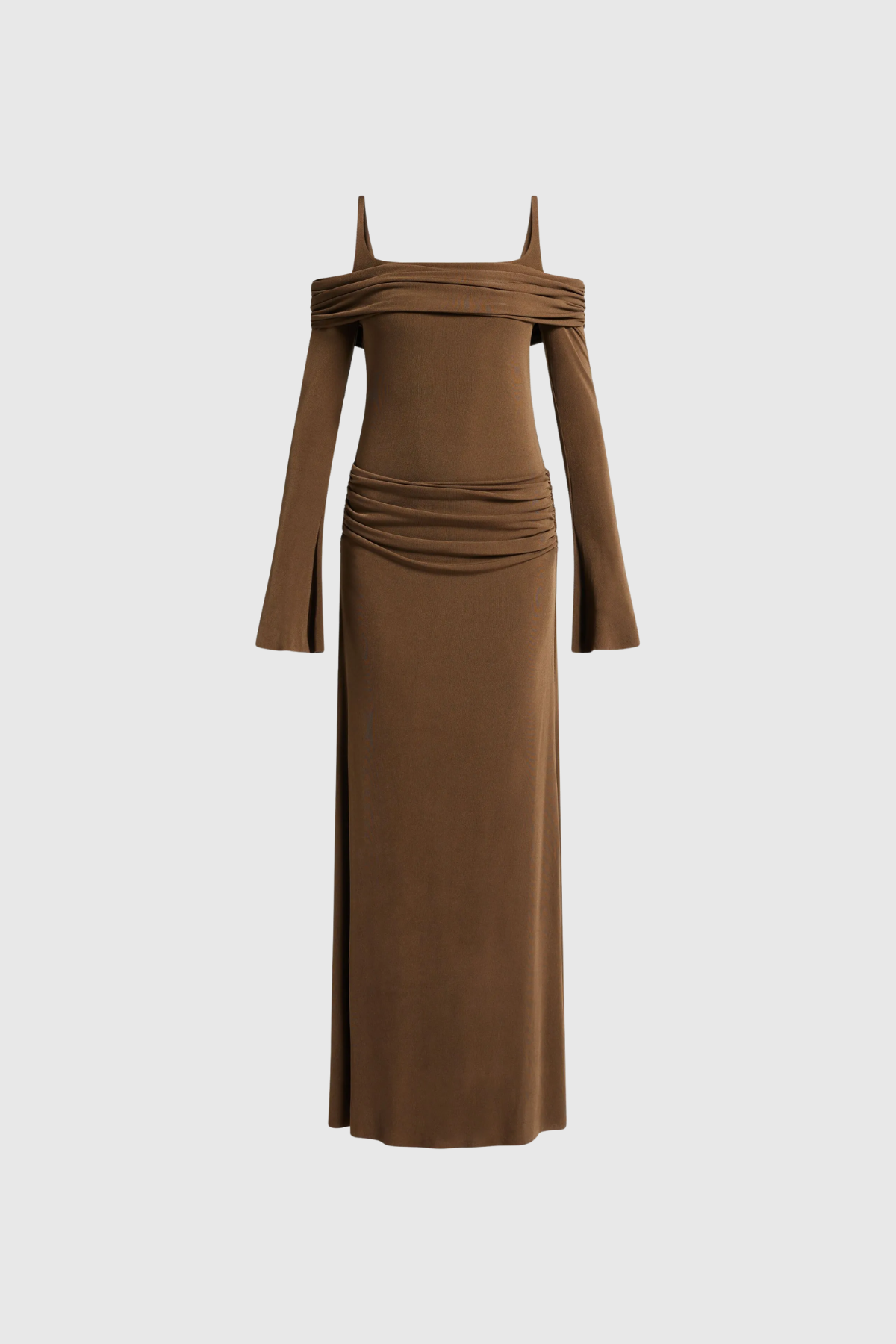 Brown Off Shoulder Ruch Maxi Dress - Elegant & Stylish