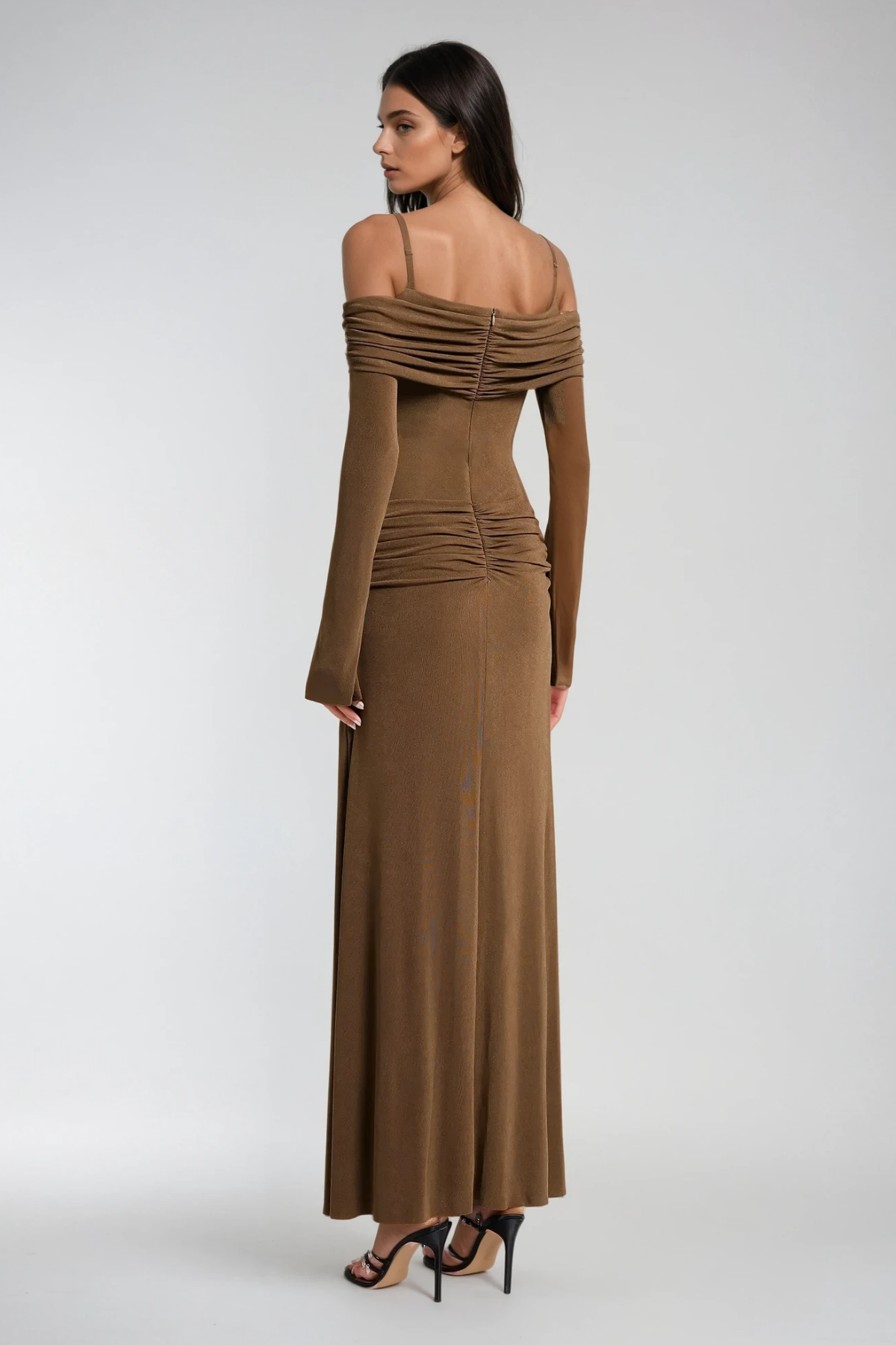 Brown Off Shoulder Ruch Maxi Dress - Elegant & Stylish