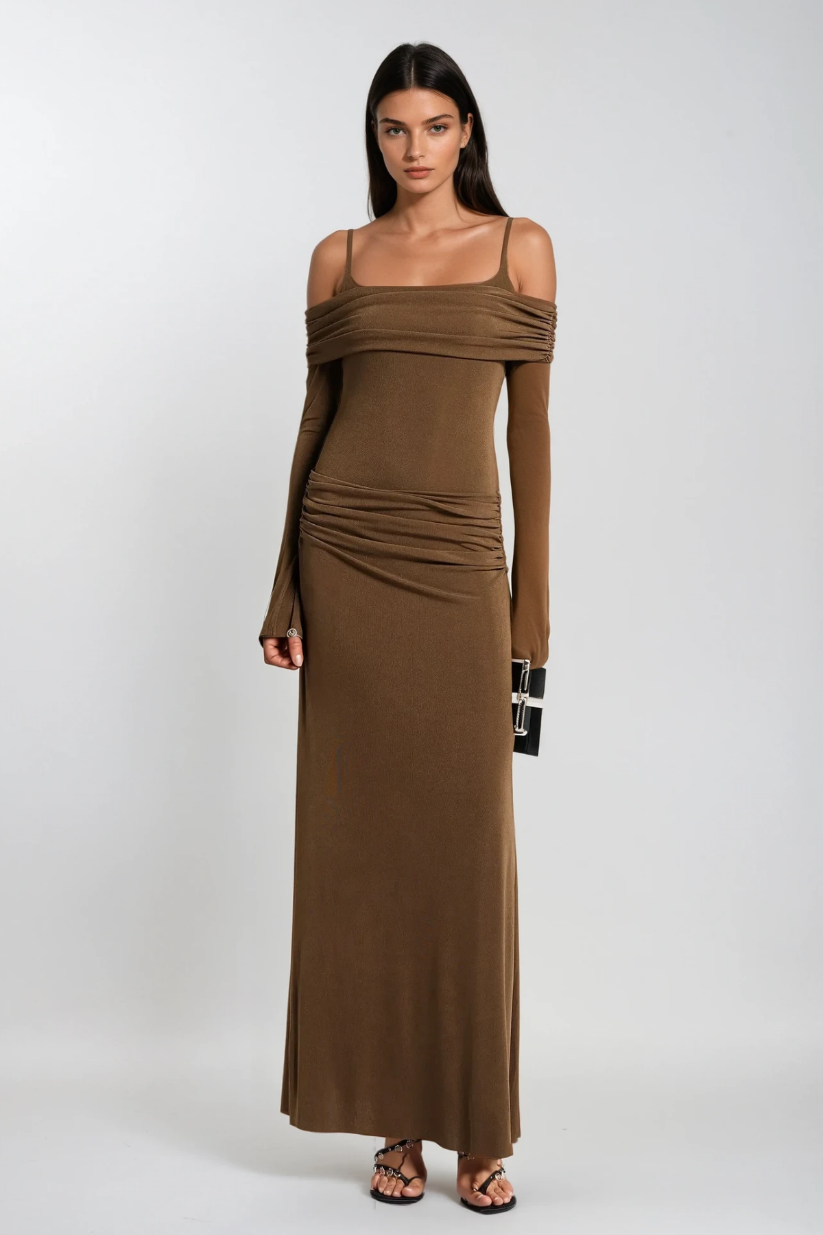 Brown Off Shoulder Ruch Maxi Dress - Elegant & Stylish
