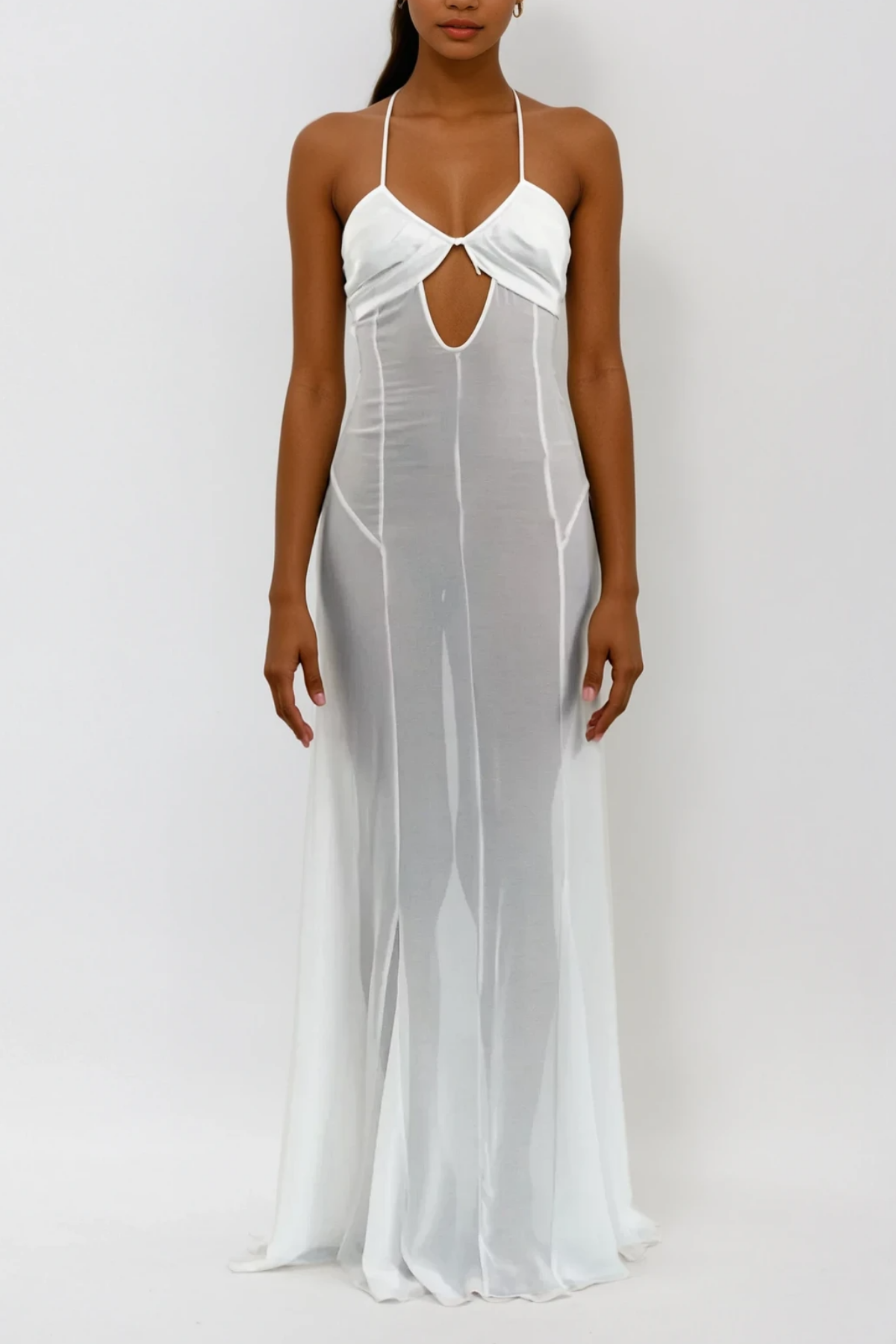 White Mesh Cutout Lace-Up Maxi Dress - Elegant Style