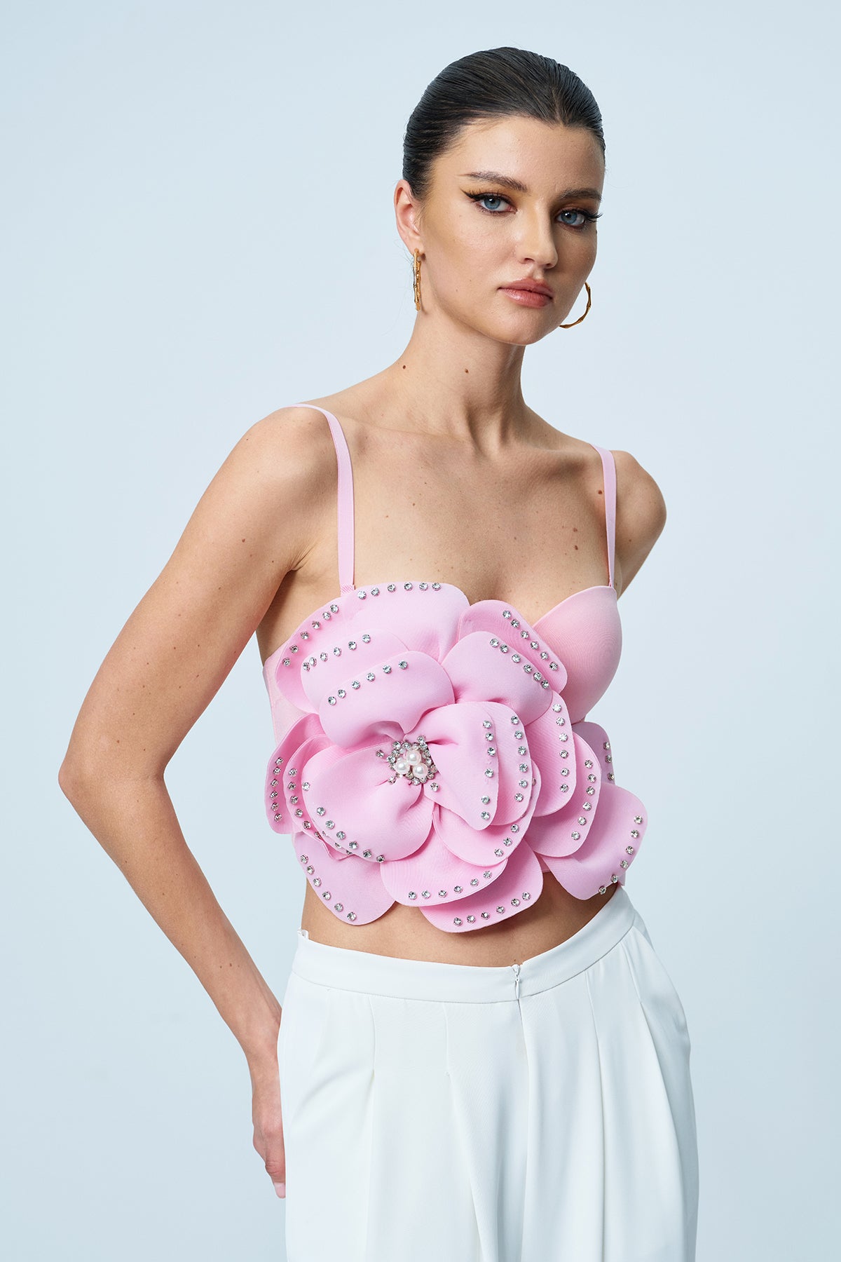 Pink Flower Rhinestone Spaghetti Strap Top - Anjanette