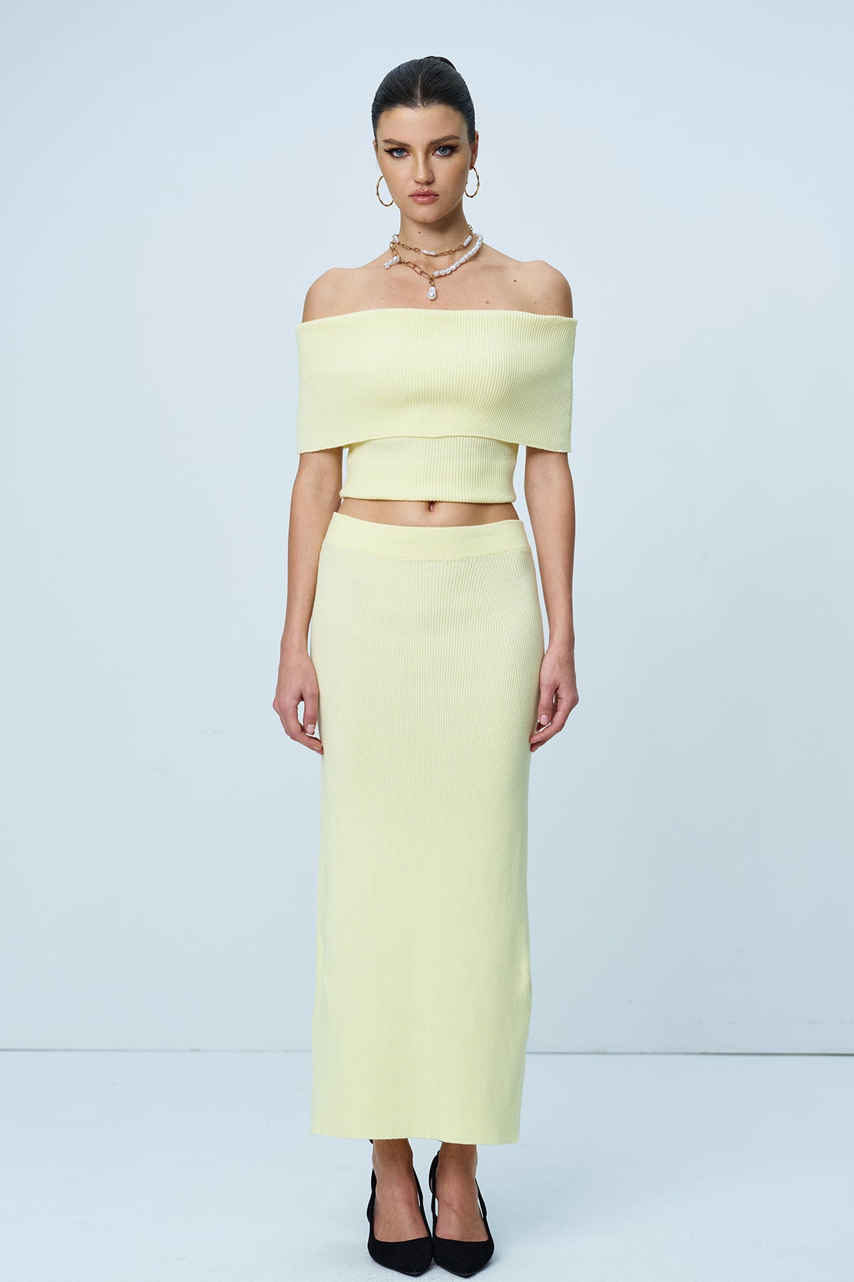 Yellow Knit Strapless Skirt Set with Ruched Details