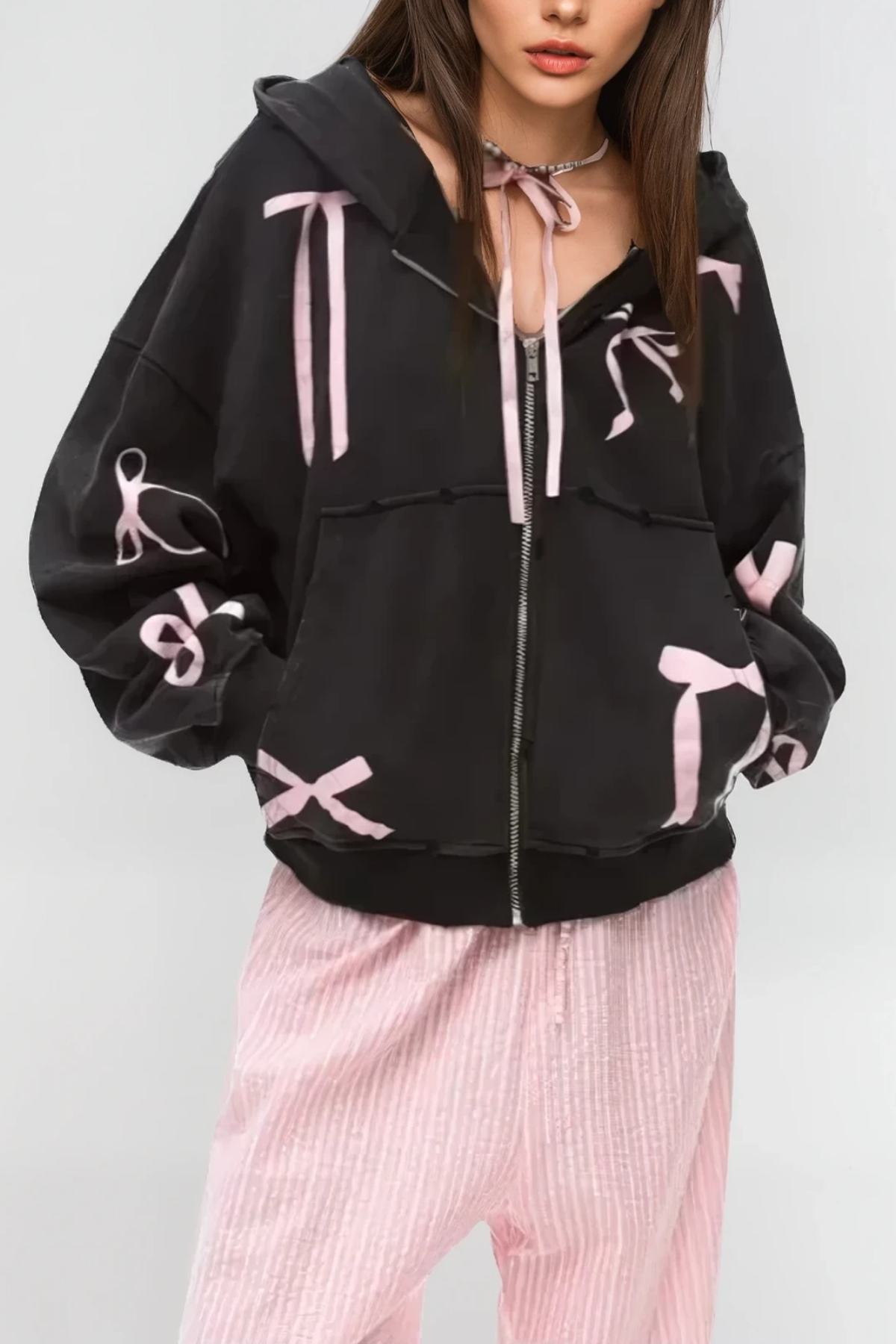 Elegant Black Bow Hooded Jacket for Women
