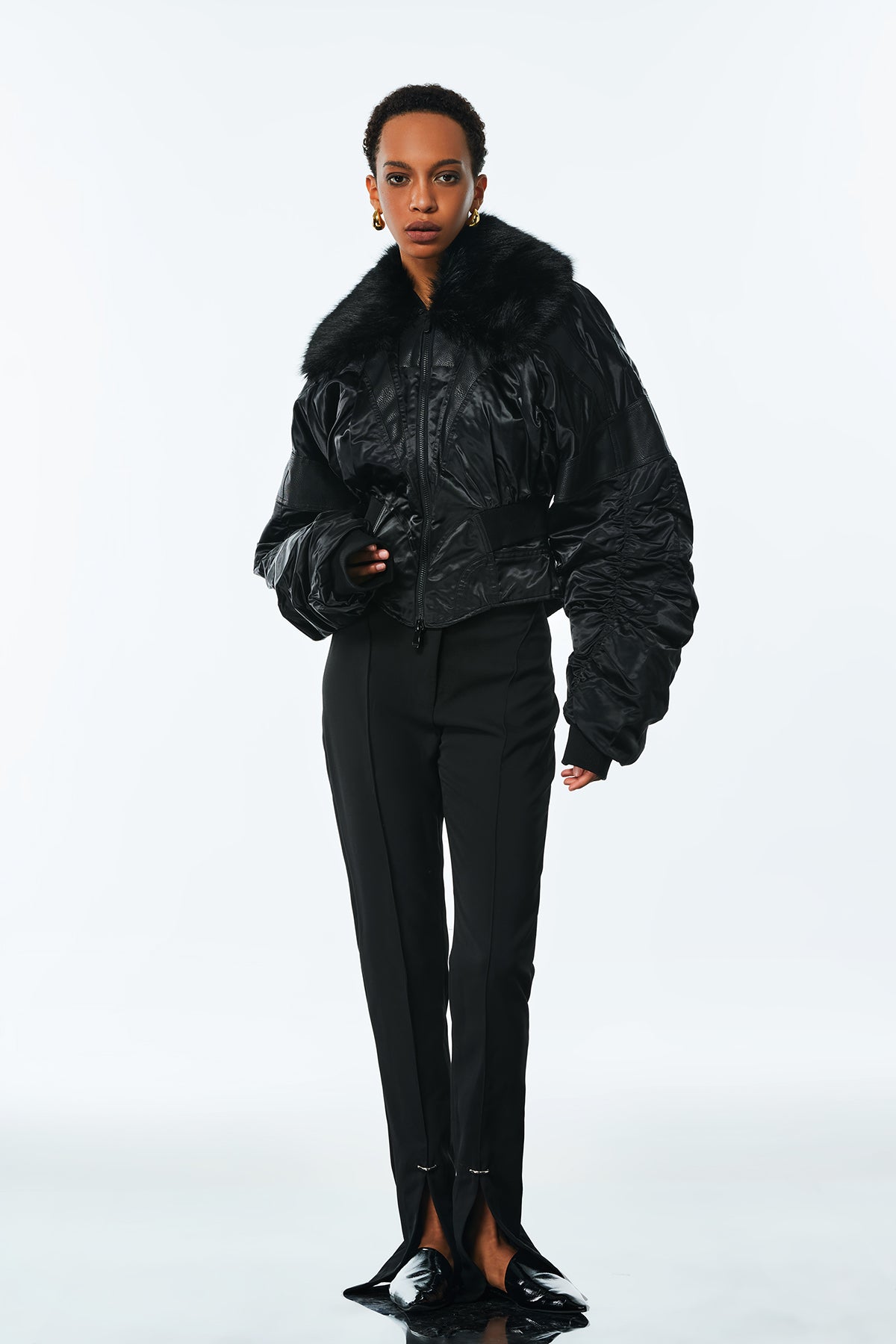 Faux Fur Drawstring Leather Jacket in Black - Womens Rebel Office Style