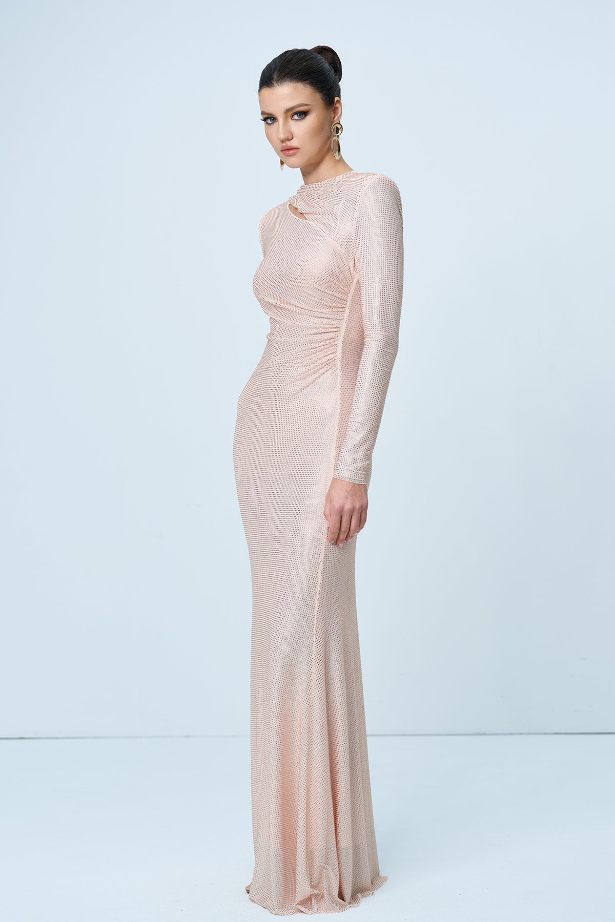 Apricot Rhinestone Cutout Ruch Maxi Dress