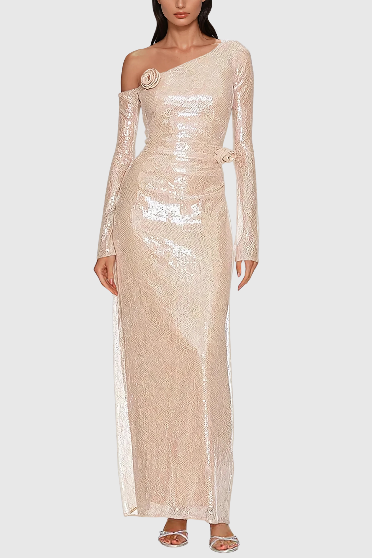 Champagne Sequin Lace Maxi Dress for Special Occasions