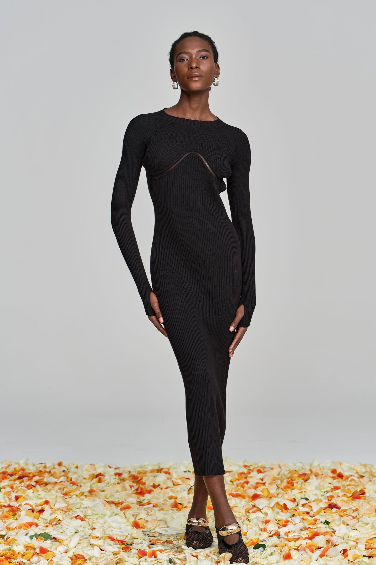 Black Cutout Ruffle Knit Maxi Dress