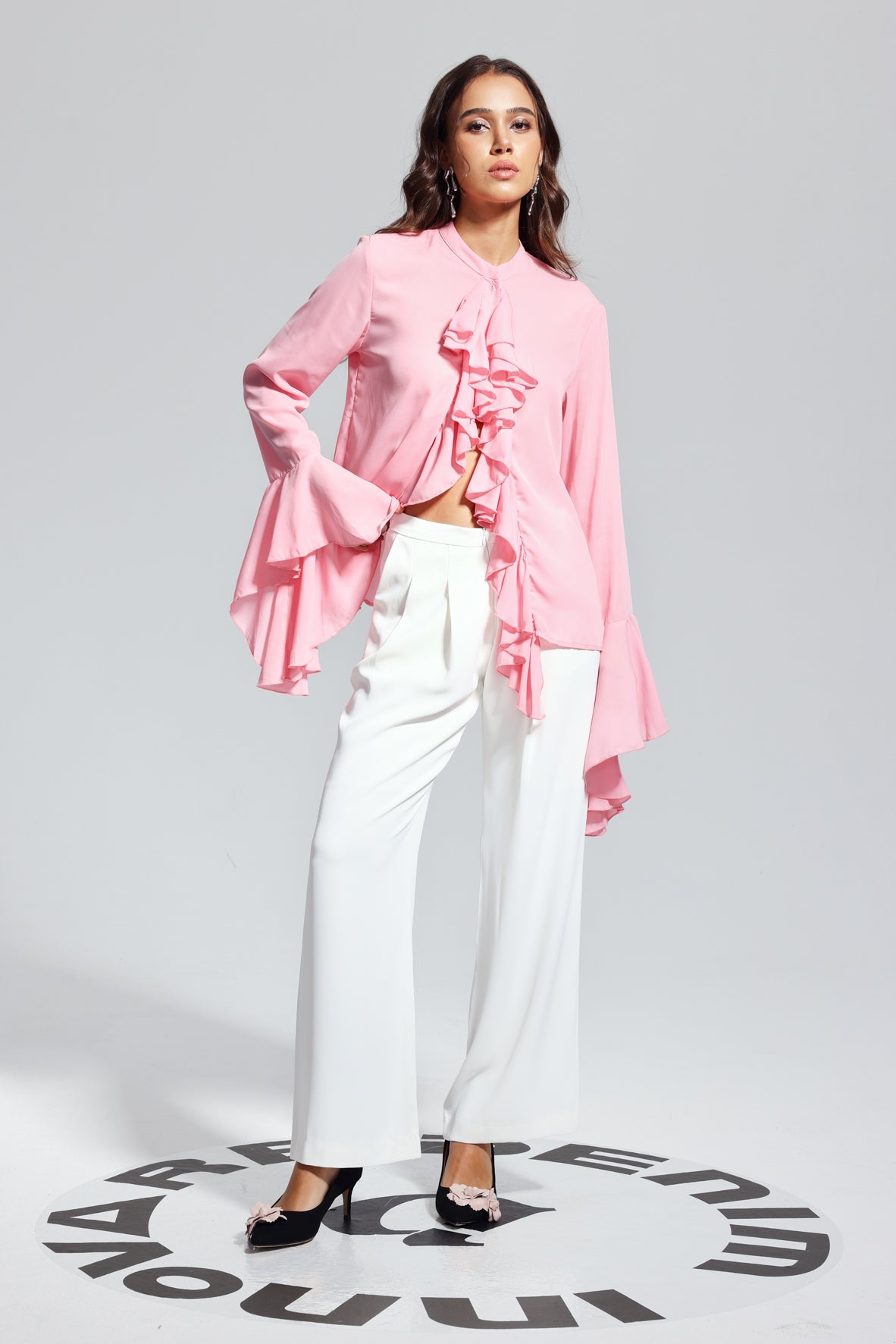Pink Ruffle Asymmetric Top - Elegant Split Design