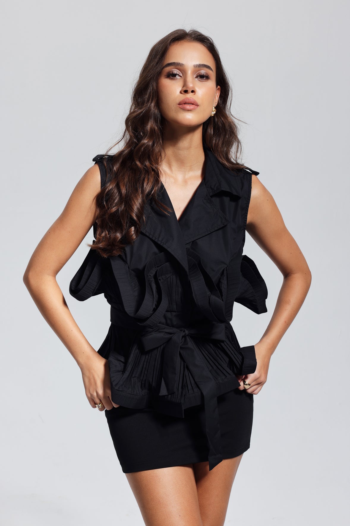 Black Lace Up Ruffle Vest - Stylish Sleeveless Top