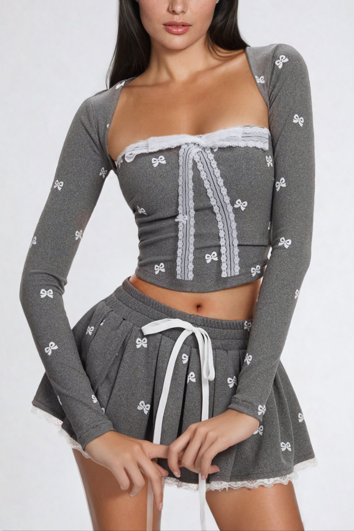 Elegant Lace Bow Skirt Set - High-Quality Polyester Material