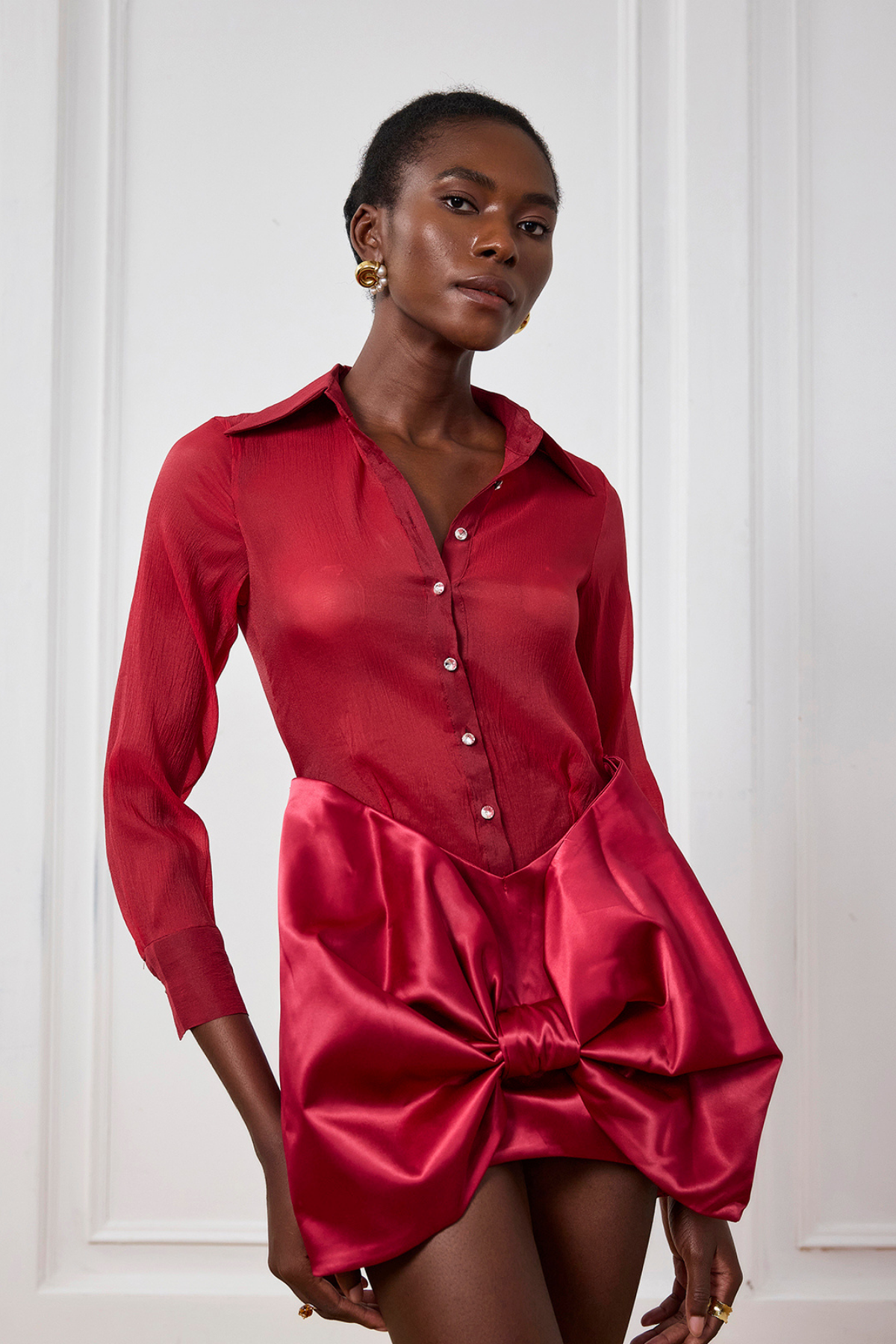 Red Satin Mini Dress with Bow Detailing