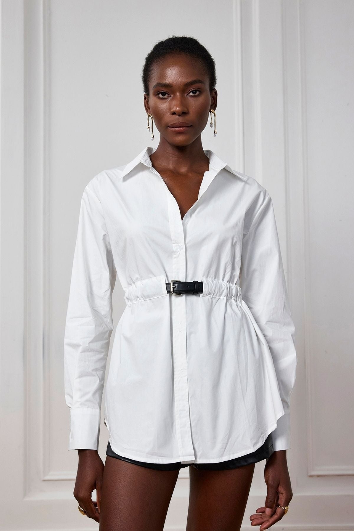 White Lapel Ruched Shirt with Buckle Detail