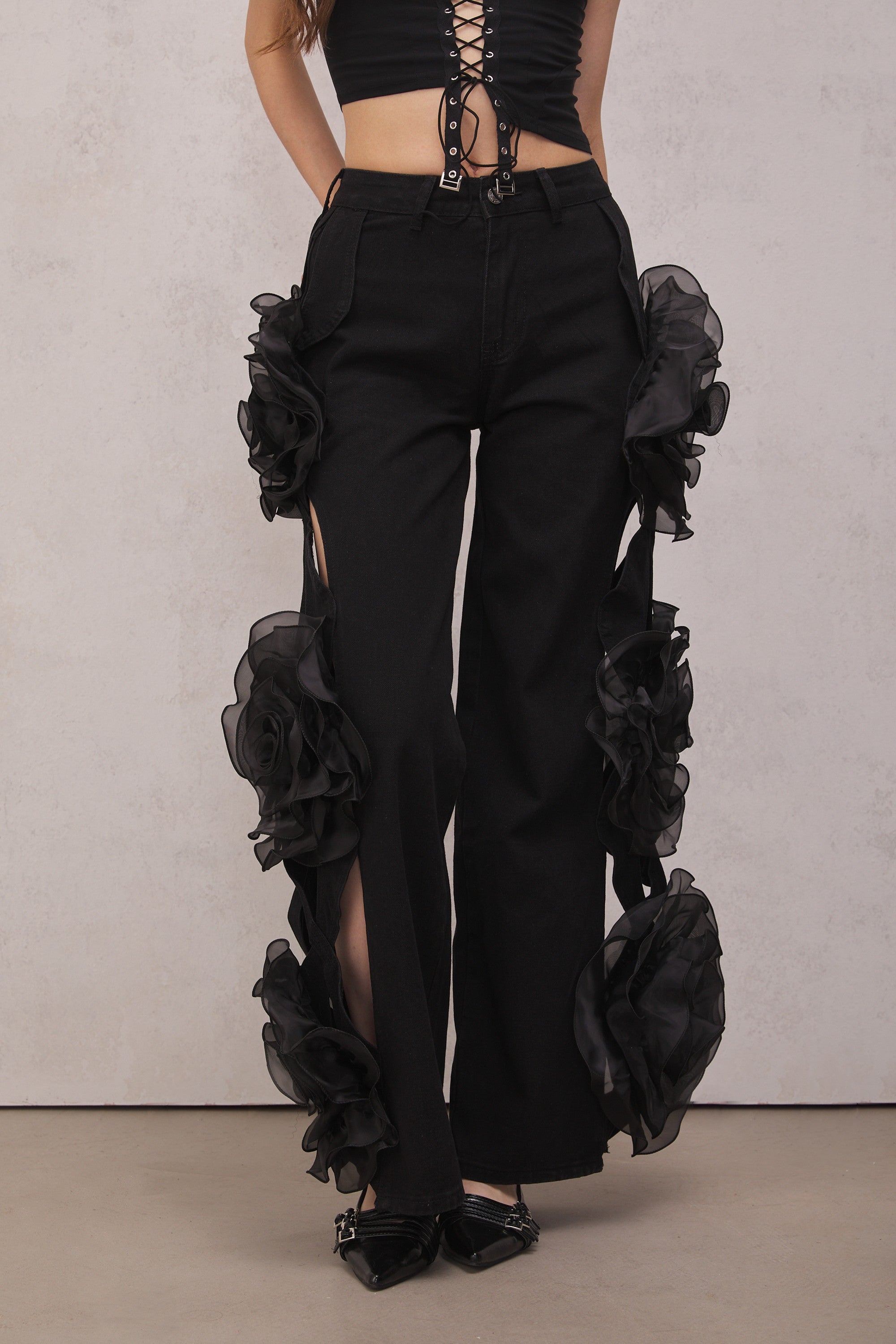 Floral Hollow Black Jeans - Unique Floral Cutouts