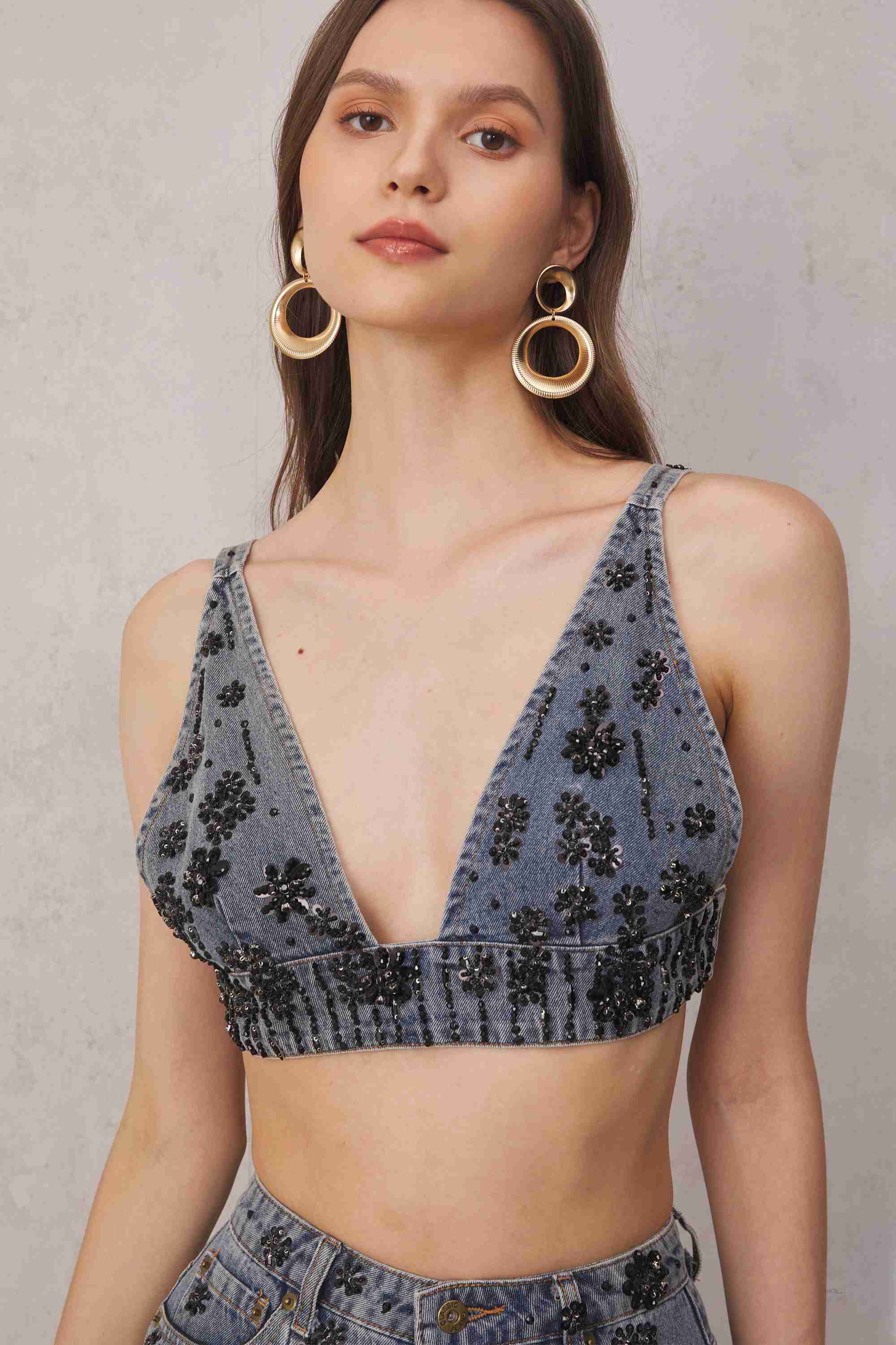 Stylish Rhinestone Backless Denim Top in Blue - Womens Fashion