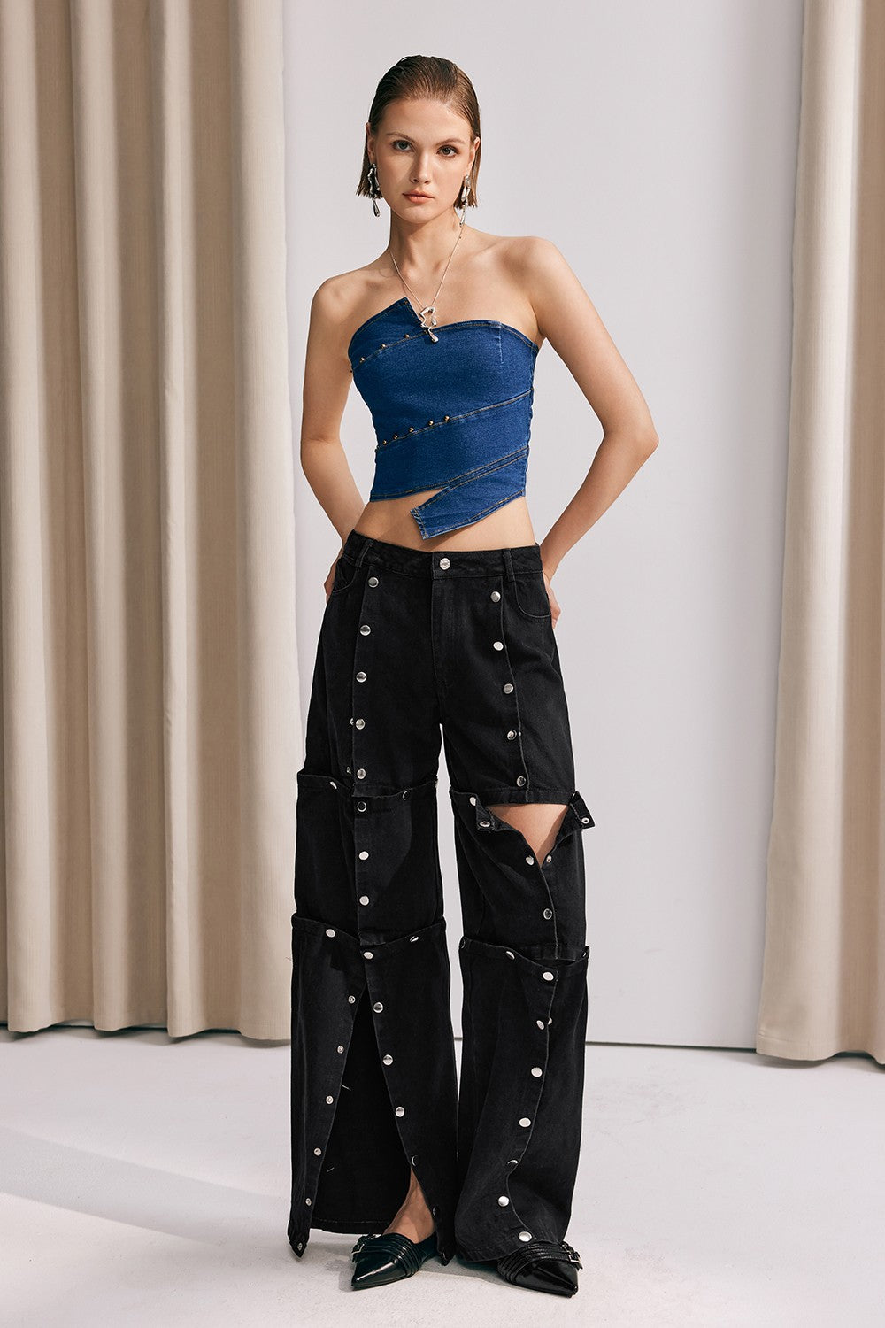 Jayla Off Shoulder Denim Top - Blue Patchwork Style