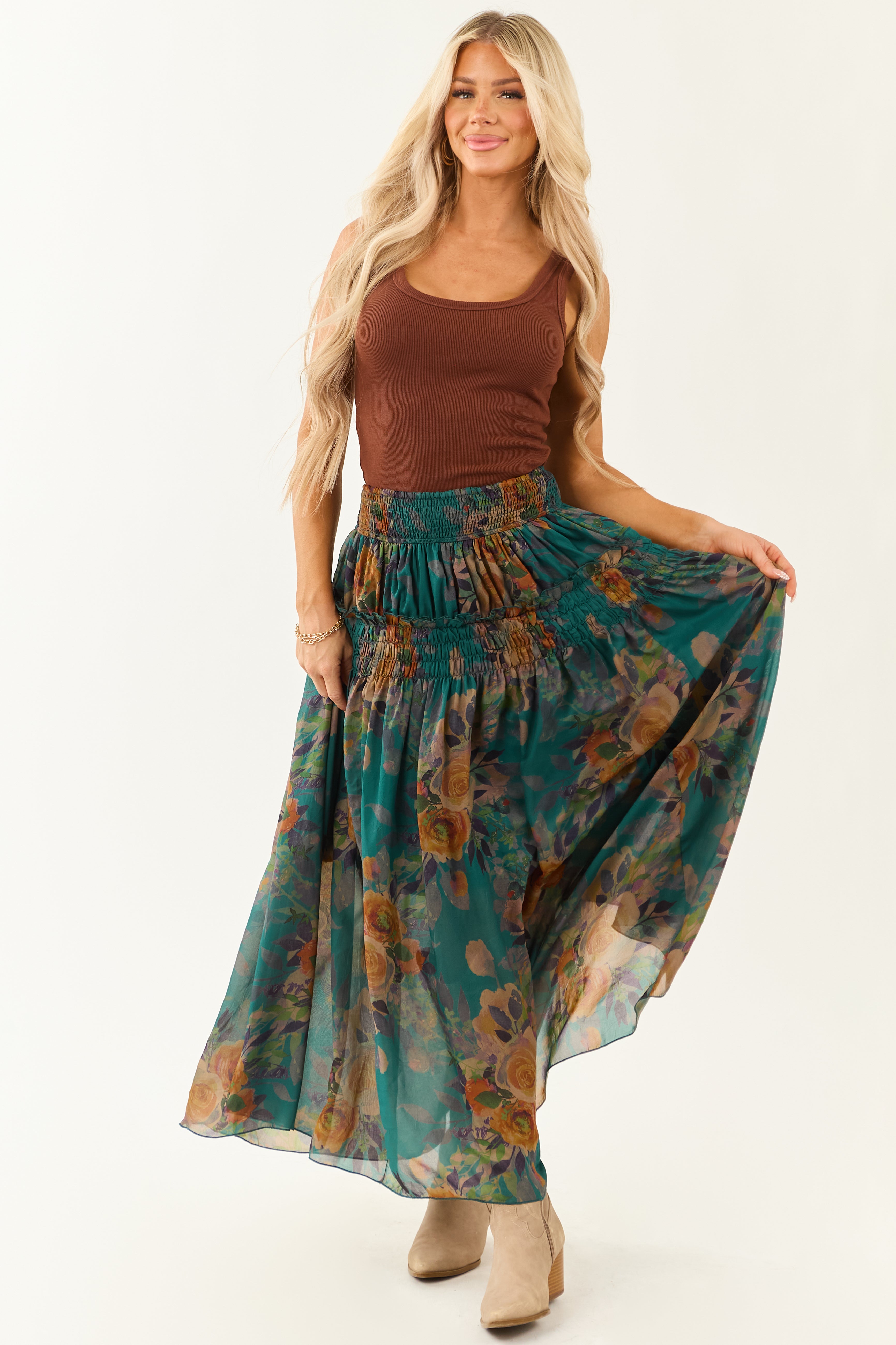 Floral Chiffon Smocked Waist Maxi Skirt